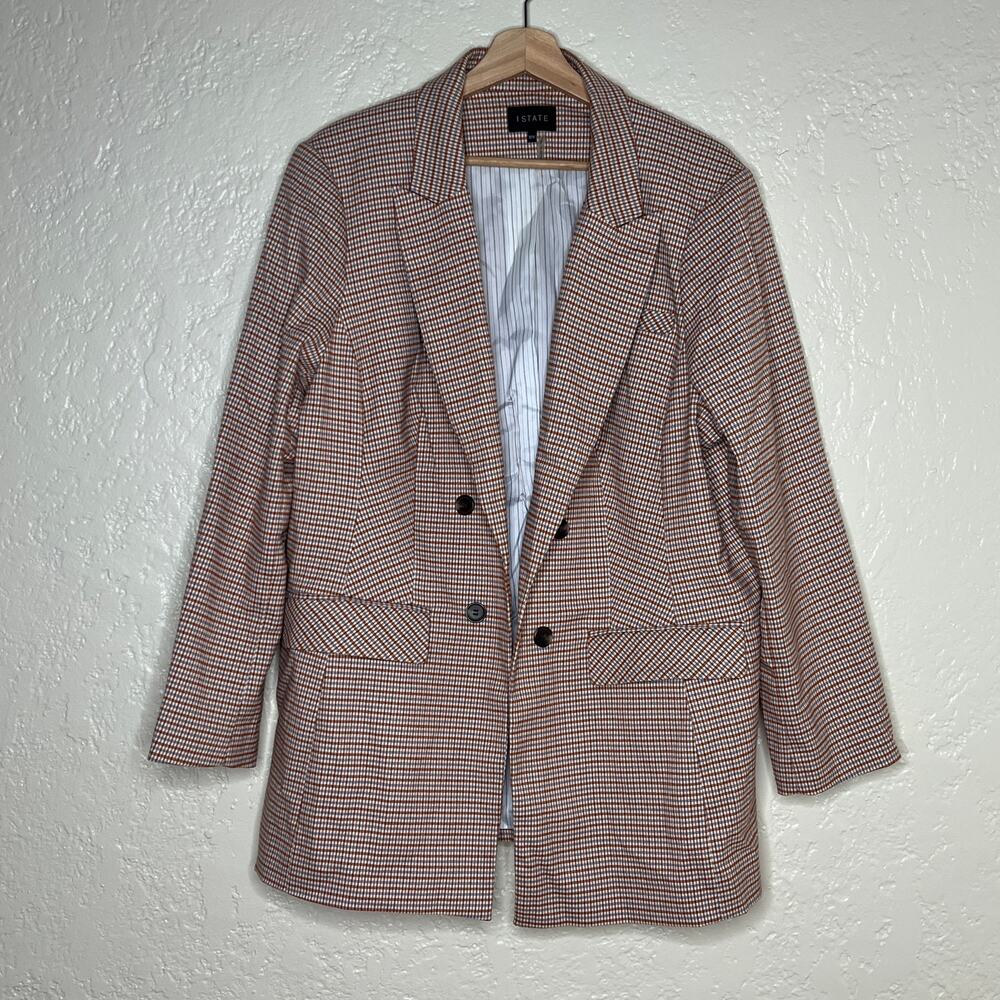 1. State Women's Rust Brown Gray Houndstooth Open Front Blazer Jacket 18W